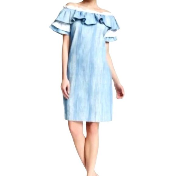 TOV Los Angeles Off Shoulder Chambray Dress Ruffle Blue Size 40 M - Picture 8 of 12